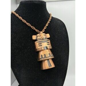 Incan Mayan Aztec Figurine Necklace Bell Rare Pendant Solid Copper Trade 22” VTG